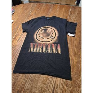 New Nirvana Smiley T-Shirt Small NWT 2025 Retro Band Tee Black Red Cotton